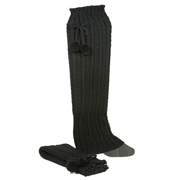 Knit Leg Warmers w/ Drawstring Pompom - Black - SK-F1005BK